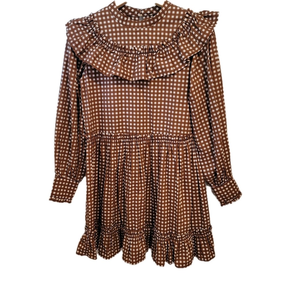 Porridge Women's Brown White Ruffle Casual Dress Checkered Small Modest‎ Y2K